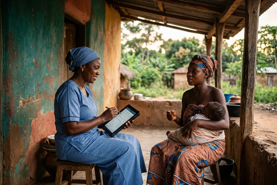 A health worker conducts a household survey with a mother in Bénin