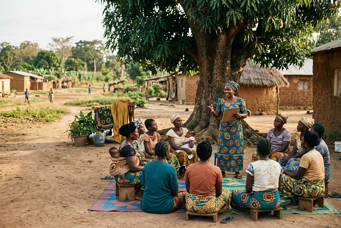 A community health facilitator leads a discussion with mothers under a shade tree in Bénin