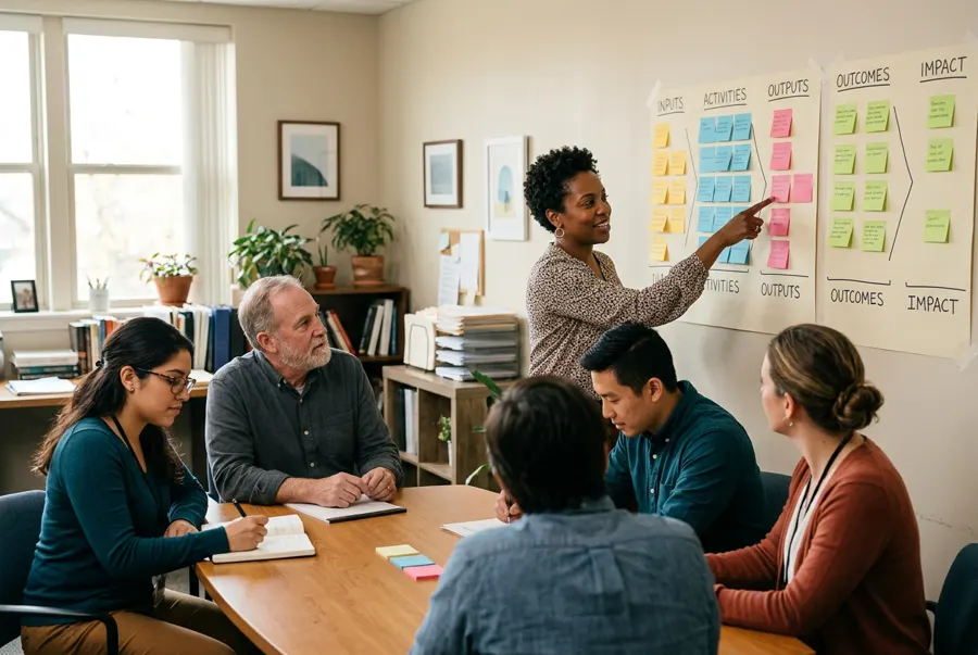 A consultant facilitates a logic model session with a U.S. nonprofit team